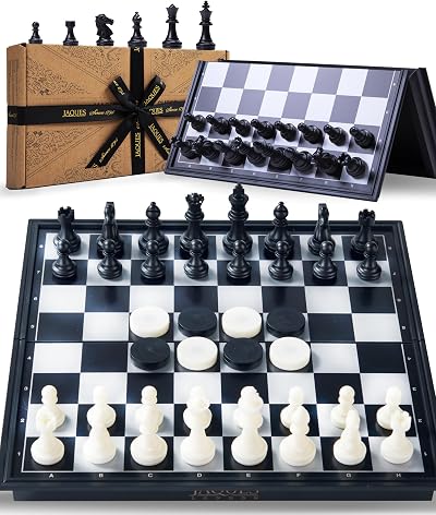 Jaques of London Magnetic Travel Chess & Draughts Set Folding Board Storage