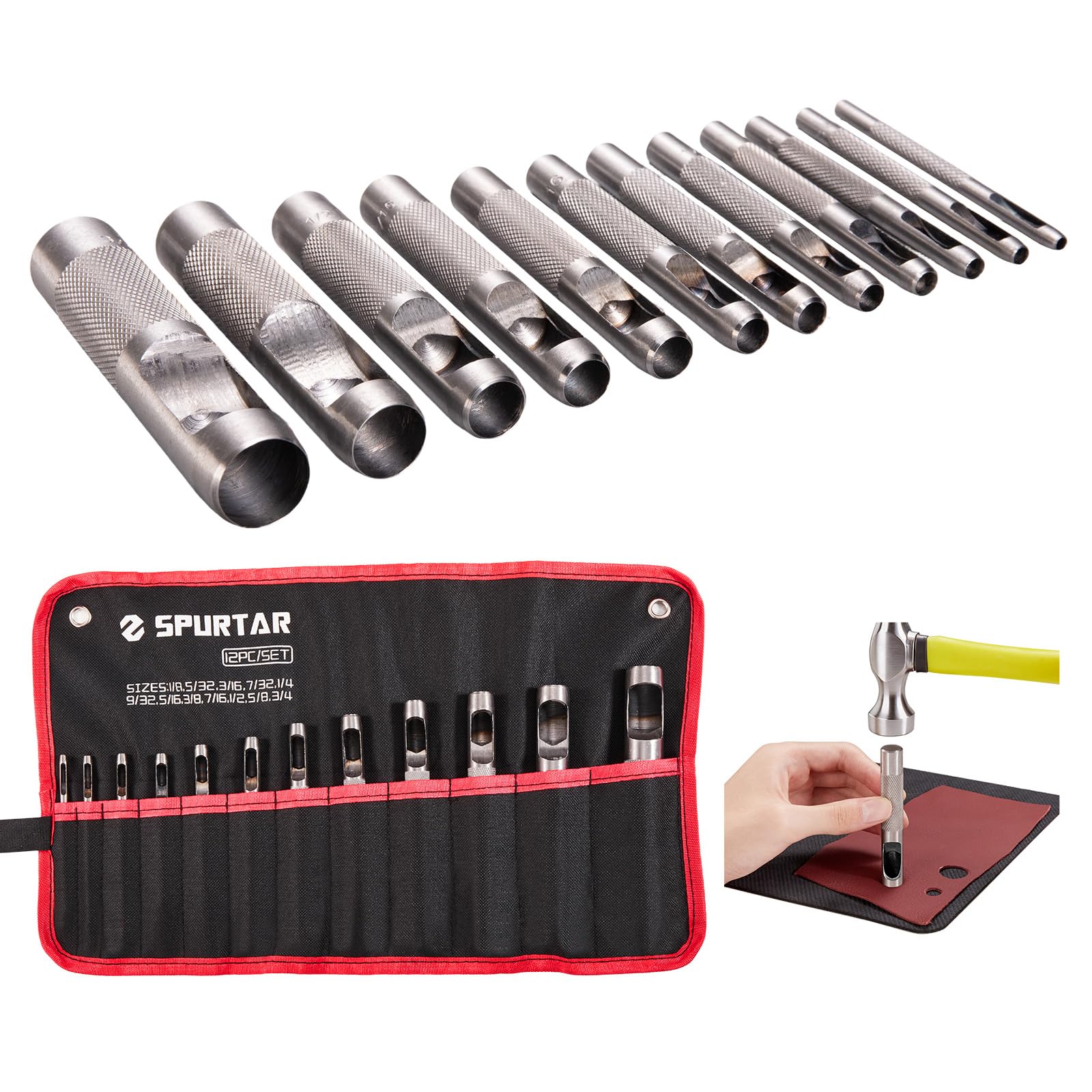 Spurtar 12 PCS Steel Hollow Leather Punch Set 1/8''-3/4'' Heavy Duty Round Leather Hole Tool for Watch Cloth Belt Gaskets w/Storage Bag