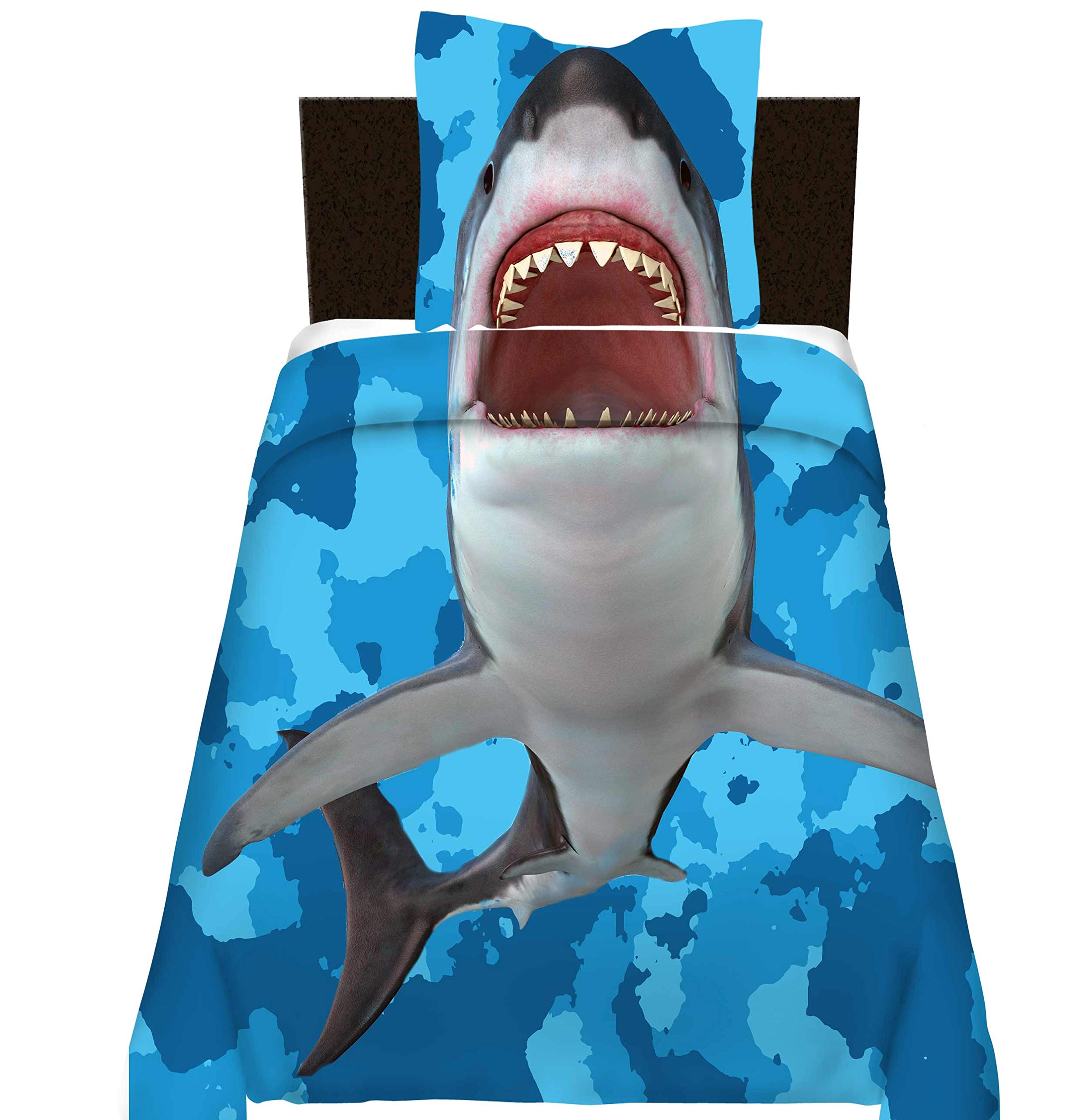 Double Shark Bedding Set,Blue Sea and Marine Comforter Set Ocean Theme Decor Soft Breathable Quilt Sets for Adult Kids ,Sea Animal Decor 3 Piece Underwater Bedding Duvet Cover with 2 Pillow Shams — image 1