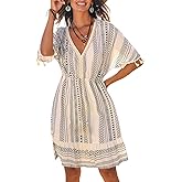 CUPSHE Women Tassel Trim Summer Dress V Neck Lace Short Sleeve Paisley Boho Casual Sundress Holiday Beach Mini Dress