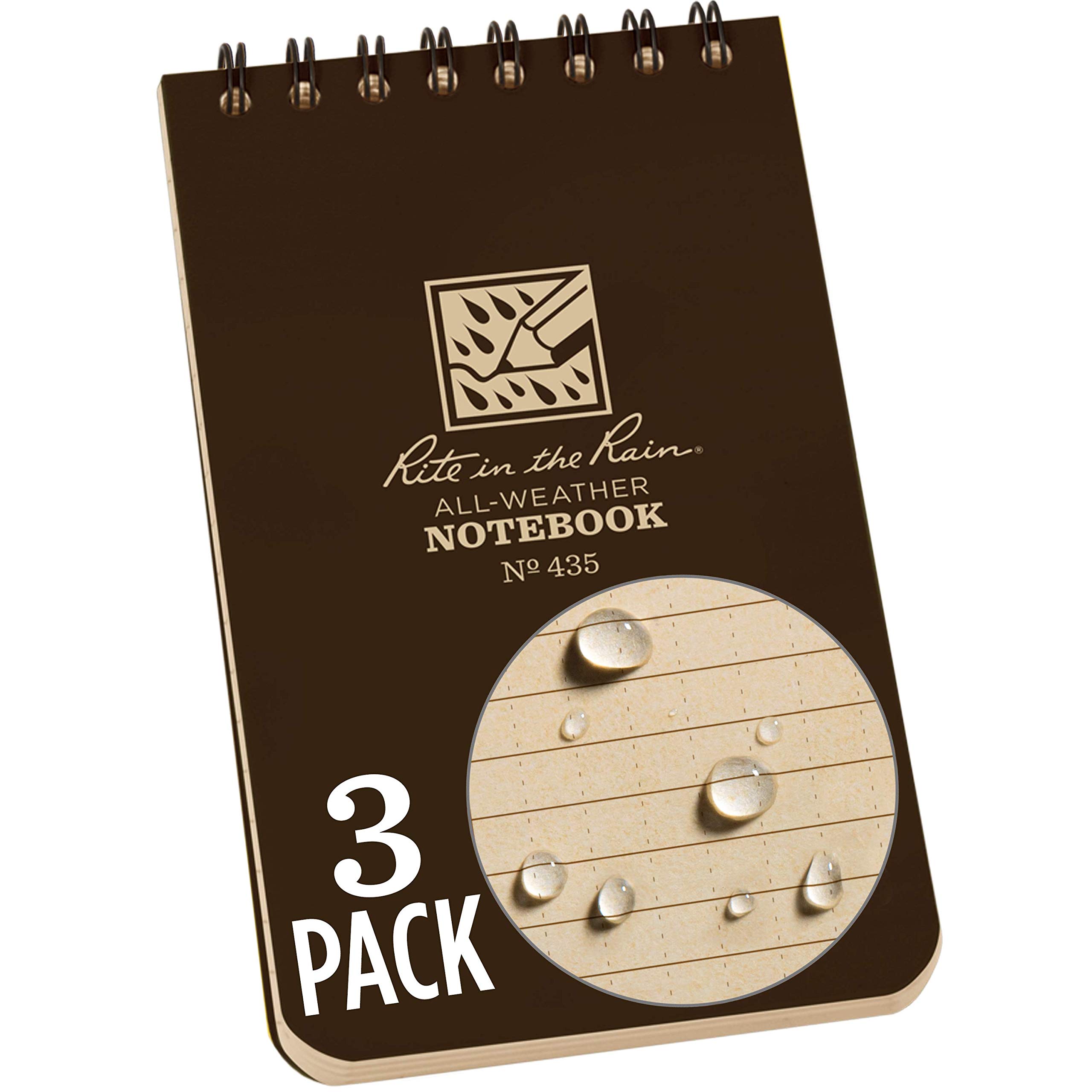 Rite in the Rain Weatherproof Top Spiral Notebook, 3" x 5", Brown Cover, Universal Pattern, 3 Pack (No. 435-3)