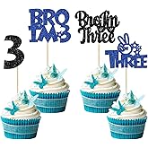 Ephlyn 24Pcs Bro I'm 3 Cupcake Toppers Glitter Boy 3rd Birthday Cupcake Pick Decorations for Cheers to Three Years Old Big Brother 3rd Birthday Party Supplies