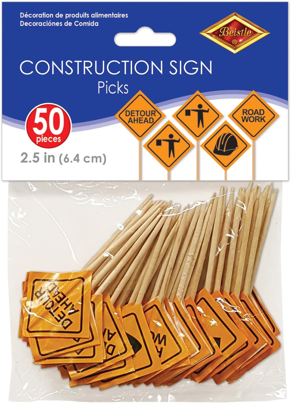 Beistle Construction Signs Picks, 2 1/2-Inch, Orange/Black