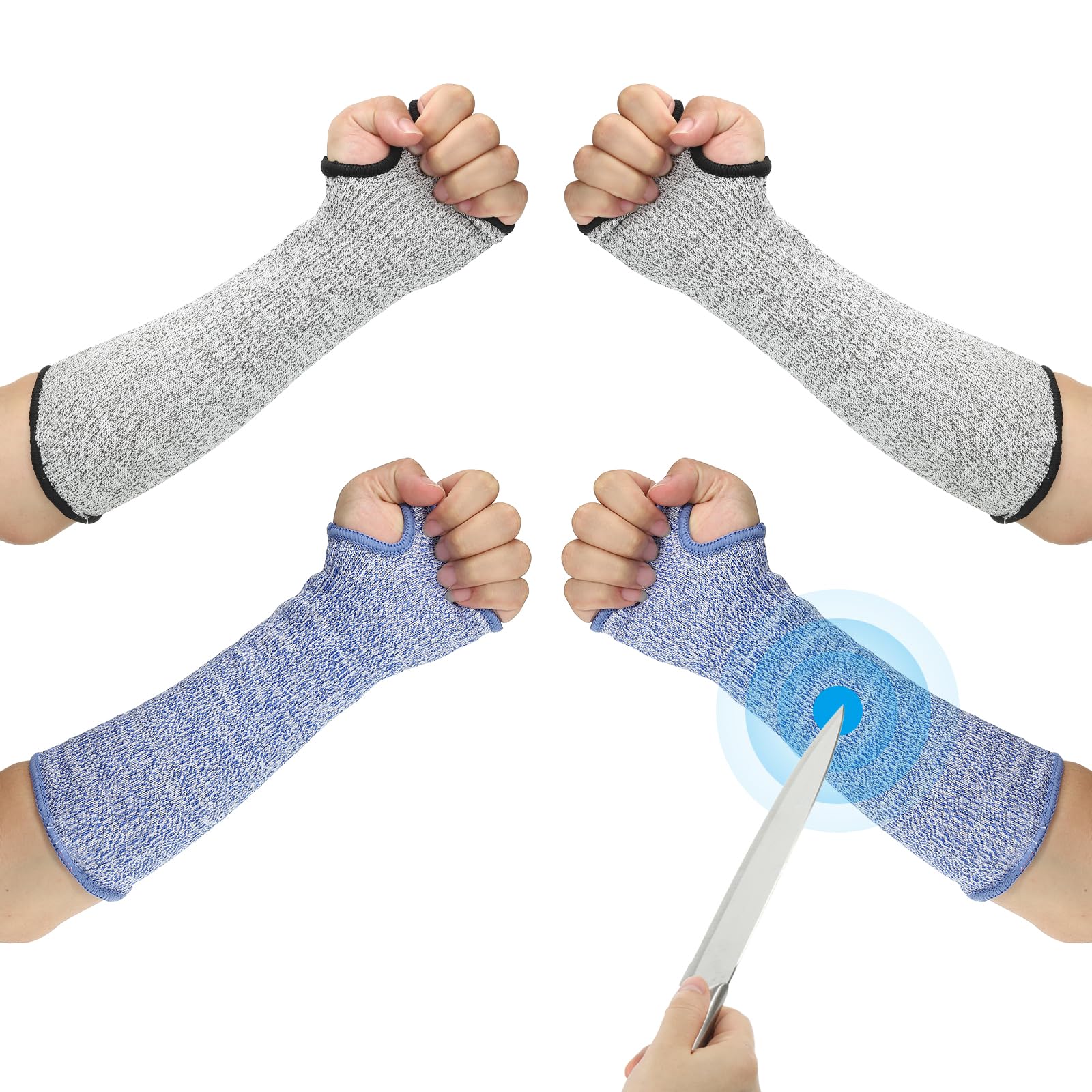 PATIKIL 14 Inch Cut Resistant Sleeve, 2 Pairs Arm Safety Protectors Sleeves with Thumb Hole Level 5 Protection Forearm Guard Sleeves for Thin Skin and Bruising, M, Blue/Gray