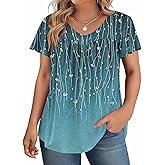 IN'VOLAND Plus Size Womens Ruffle Sleeve Tunic Tops V Neck Summer Shirts Floral Print Tops Dressy Blouse