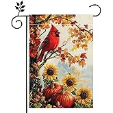 Fall Cardinal Red Bird Pumpkin Garden Flag for Outside 12x18 Inch Double Sided Burlap Welcome Autumn Thanksgiving Maple Leaf Sunflower Flowers Farmhouse Holiday Rustic Outdoor Yard Flag Home Decorations
