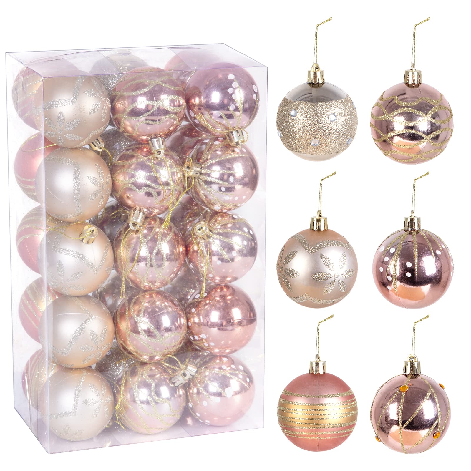AGM Pack of 30 Christmas Baubles 6 cm, Christmas Tree Decorations, Shatterproof Glitter Ornaments, Hanging Ball for Parties, Weddings, Festivals (Rose Gold)