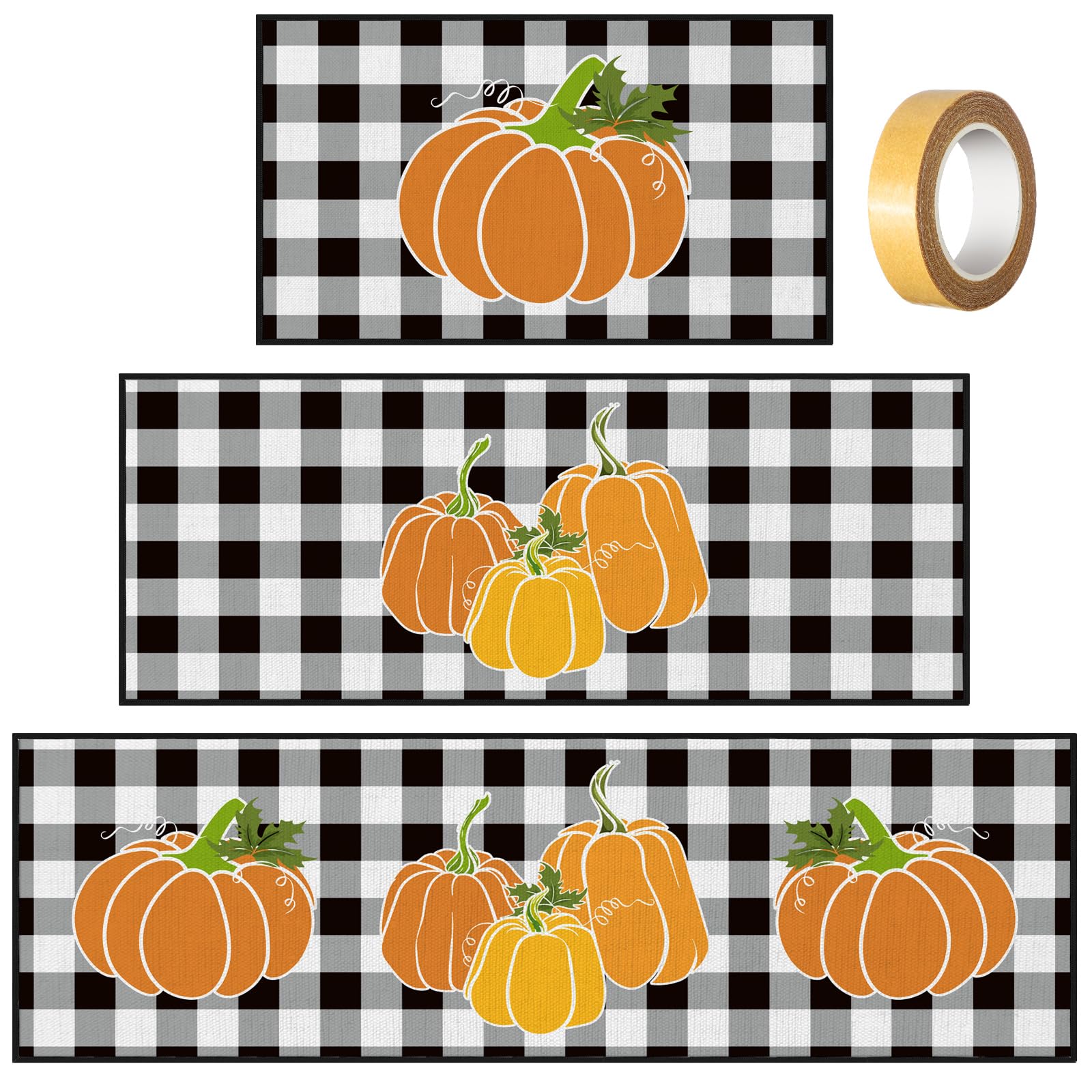 Photo 1 of Fourluoo 3 Pcs Fall Kitchen Rugs and Mats Set Pumpkin Kitchen Rug Non Slip Washable Farmhouse Autumn Cabin Mats for Floor Home Bathroom Fall Decor, 3 Sizes
