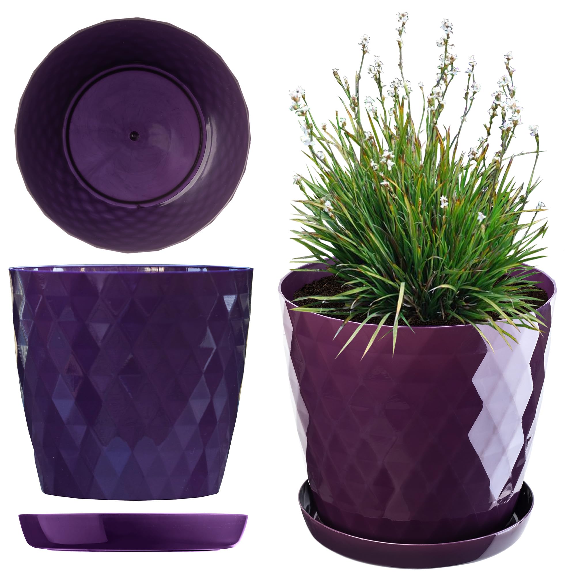 KADAX Plastic Flower Pot, Durable Plant Pot with Saucer for Houseplants, Decorative Planter in Several Colours for Indoor Use (Purple, 12 cm)