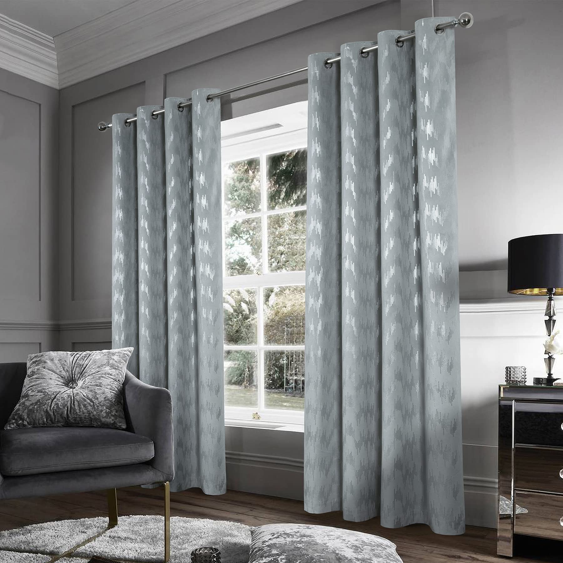 always4u 100% Blackout Curtains Eyelet for Bedroom Silver Soft Velvet Curtain Thermal Foil Printed Metallic Luxury Window Drapes for Home Decoration 1 Pair 46 * 54
