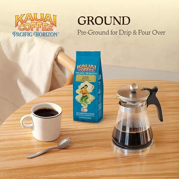 KAUAI COFFEE GROUND COFFEE – SMOOTH, RICH, DARK ROAST – NUTTY NOTES WITH CHOCOLATE OVERTONES – ARABICA COFFEE, 10% HAWAIIAN WITH NO BITTERNESS – KOLOA ESTATE, 1 PACK OF 10OZ