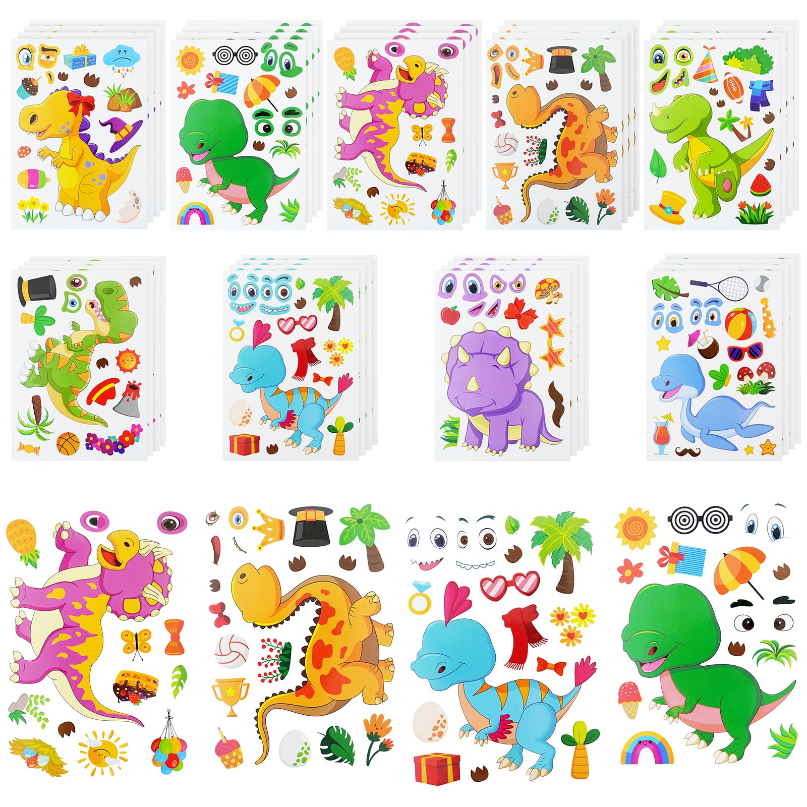OSDUE 36 PCS Make a Face Sticker, Dinosaur DIY Stickers for Kids Crafts, Make Your Own Stickers Mix and Match Sticker for Birthday Party Decorations Party Supplies (Dinosaur -36 Sheets)