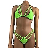 Bikini G-String Thong Tie Side V-String Thong Skimpy Triangle Top Exotic Dancewear Rave Outfit Swimwear Bathing Suit Neon Green 2 Piece Set
