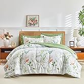 Joyreap Bed in a Bag Queen, 7 Piece Floral Comforter Sheet Set, Green Leaves Colorful Birds on White Design, All Season Microfiber Bedding Comforter Set