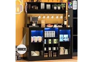 Vinctik 6&Fox Farmhouse LED Coffee Bar w/60000-color Lights,Power Outlet,7 Hooks,9Wink Racks,Adjustable Shelf for Tea Liquor Wine.Sliding Glass Door