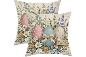 Easter Egg Throw Pillow Covers Set of 2, Spring Rustic Chrysanthemum Lavender Easter Pastel Soft Velvet Washable Cushion Cove