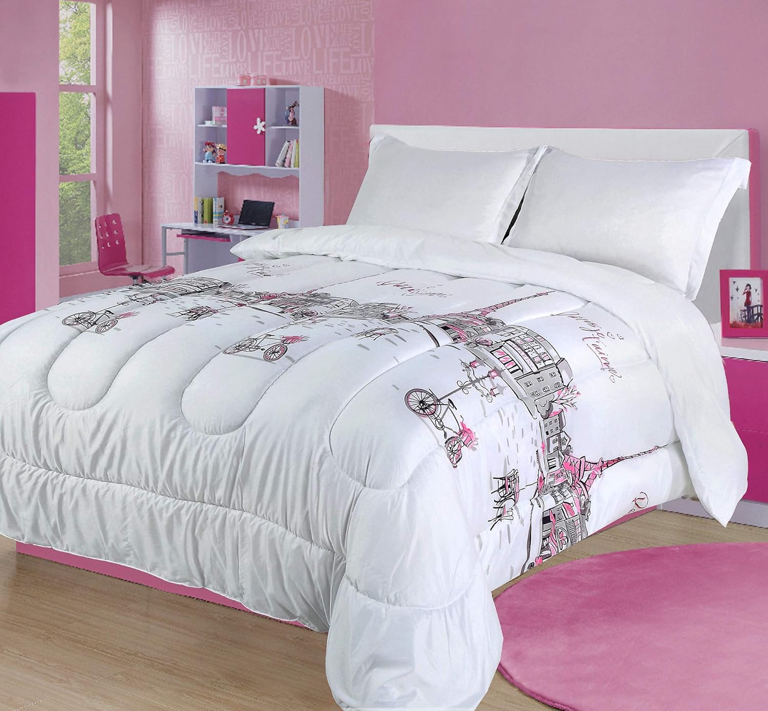 Twin Paris Comforter Bedding Set France Pink White Grey Eiffel Tower
