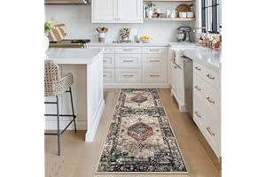 LEEVAN Boho Tribal Kitchen Runner Rug 2x6, Non-Slip Bathroom Runner Rug Traditional Distressed Hallway Runner Rug, Retro Medallion Washable Runner Rugs for Doorway/Bedside（Ivory/Blue Rust）