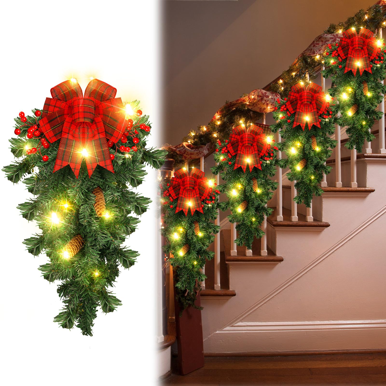 Photo 1 of Giegxin 4 Pcs 24 Inches Prelit Christmas Teardrop Swag LED Christmas Stair Swags Xmas Light up Wreath Garland Pine Cone Props Ornament for Indoor Outdoor Hanging Decor (Bow)