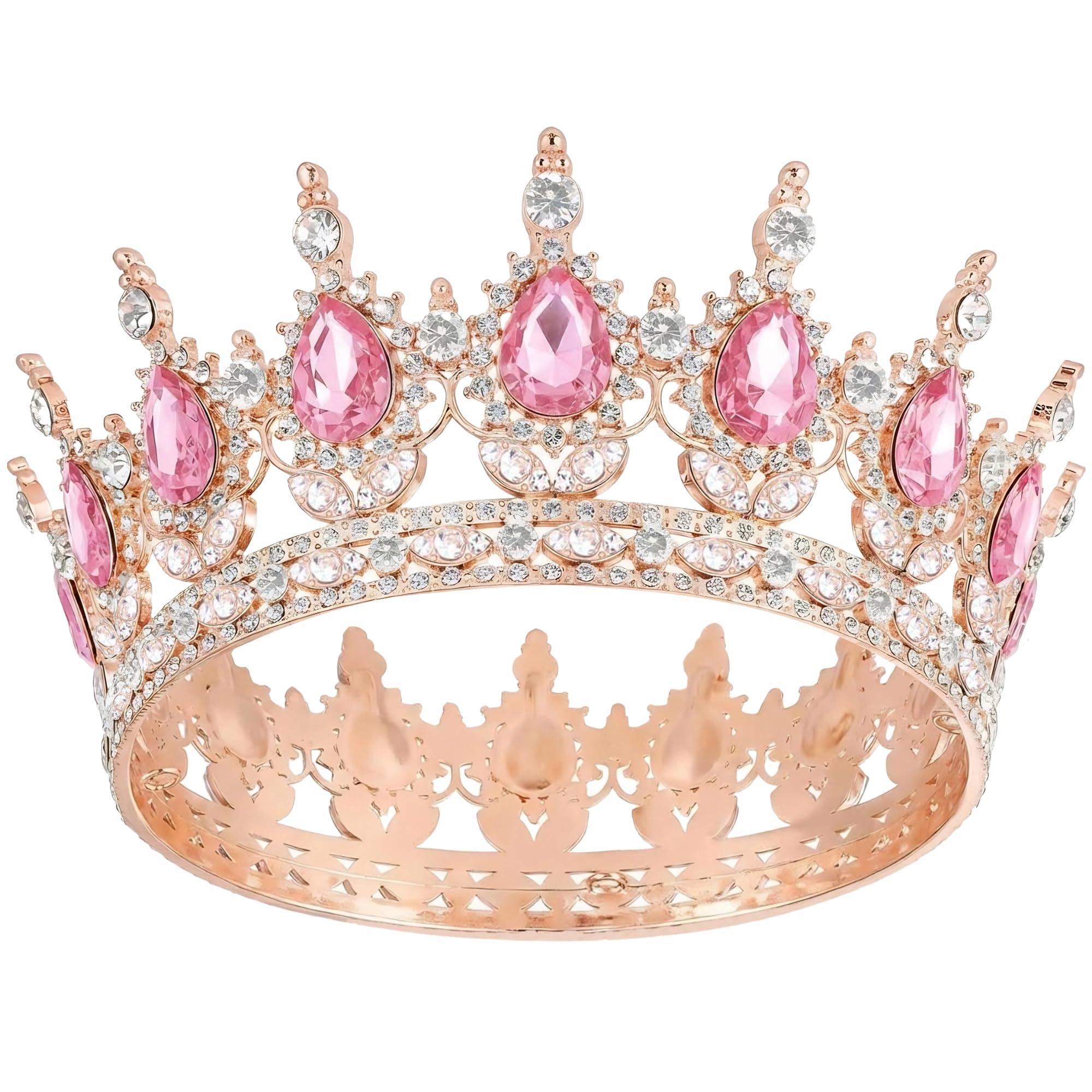 AMZVALU Crowns for Women | Princess Queen Crown Cake Topper | Corona Para Pastel | Pink Crown with Rhinestones for Royal Birthday Wedding Cake Decorations Bride Prom Hair Accessory (Rose Gold, Pink)