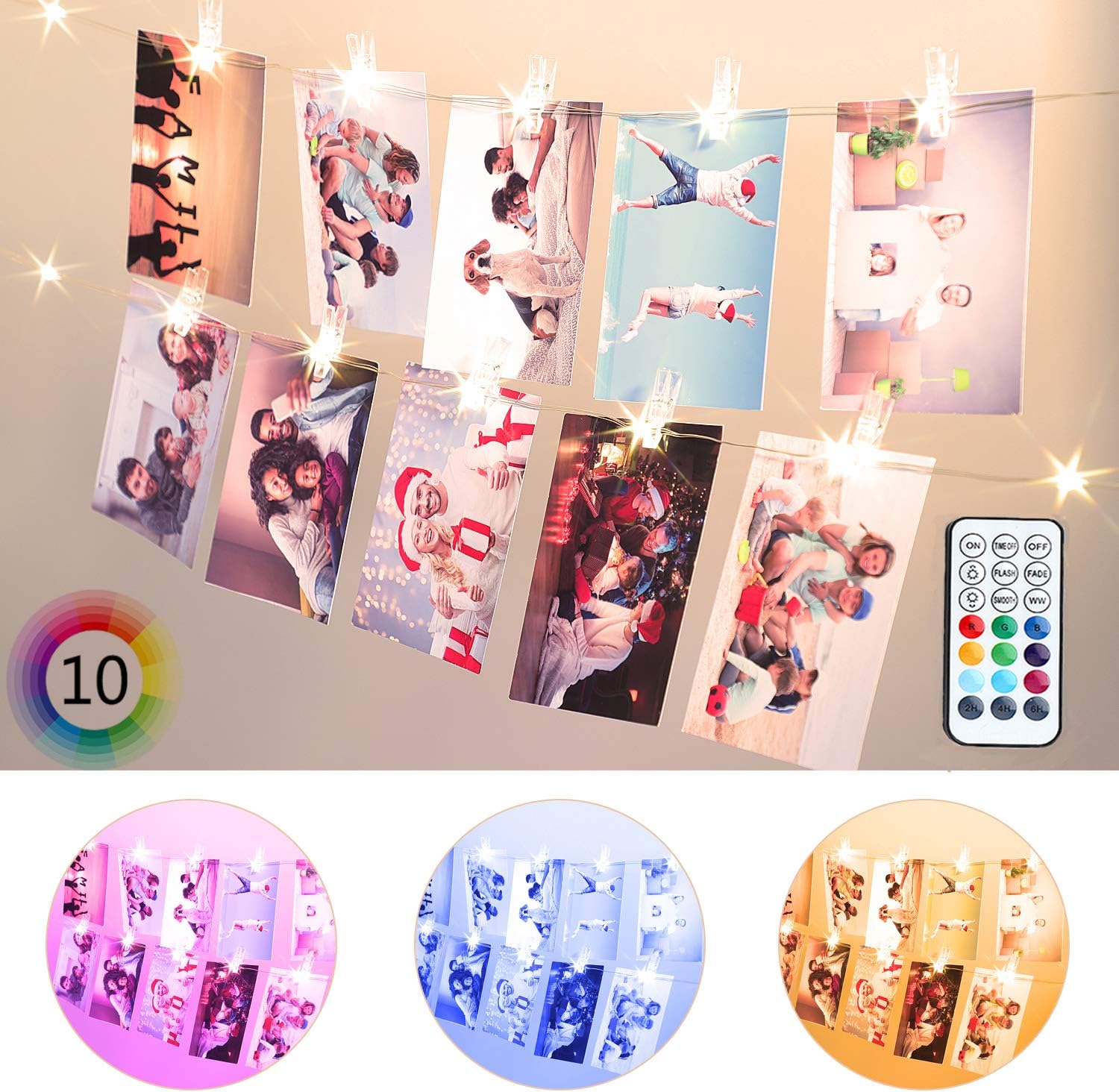 10 Colours LED Peg String Lights, 6.56ft 20LEDs USB & Battery Powered Fairy Lights with Remote Control Timer for Hanging Photo Frames, Pictures, Memos, Notes, Paintings Card Display Wall Decoration