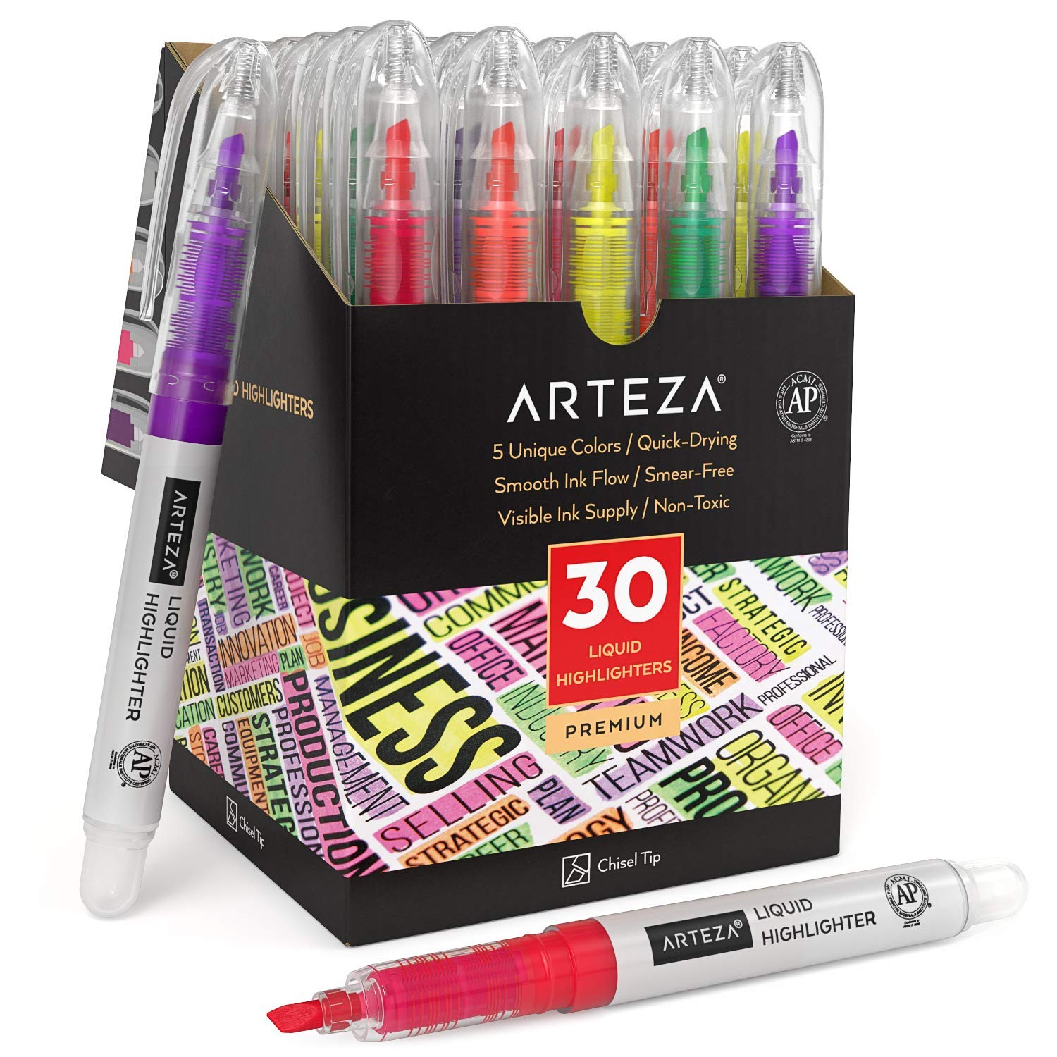 ARTEZA Liquid Highlighter Pens, Set of 30, Narrow Chisel Tip, Bulk Pack of Highlighters in 5 Assorted Colors, Use in Bullet Journal, Notes, or Books