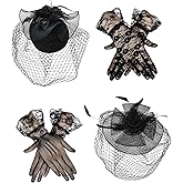JenPen 4 Pcs Tea Party Hat for Women Black Funeral Veils Headband Fascinators Gloves 20s 50s Costume Accessories for Wedding
