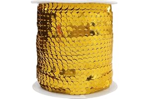 FQTANJU Gold 6mm Crafts Round Flat Sequin Strip Trim on Strings for Crafts, Fringe, and Sewing; 100 Yard Roll
