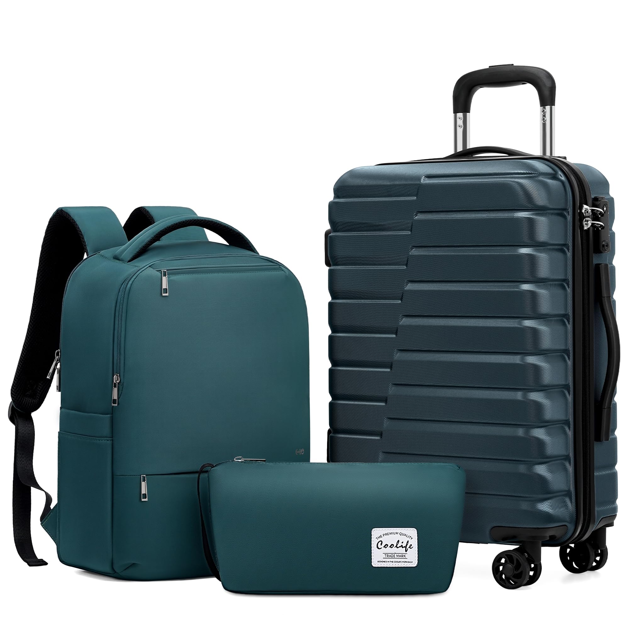 Coolife Luggage Sets 3 Piece, 20In Carry On Luggage with Spinner Wheels PC Hardside Suitcase Set with Travel Backpack (Teal blue, Backpack/TB/20) Image