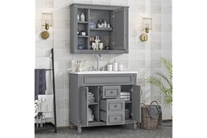 Linique 36'' Modern Bathroom Vanity with Royal Grey Mirror Cabinet, Soft Closing Doors and Drawers, Single Sink, Grey