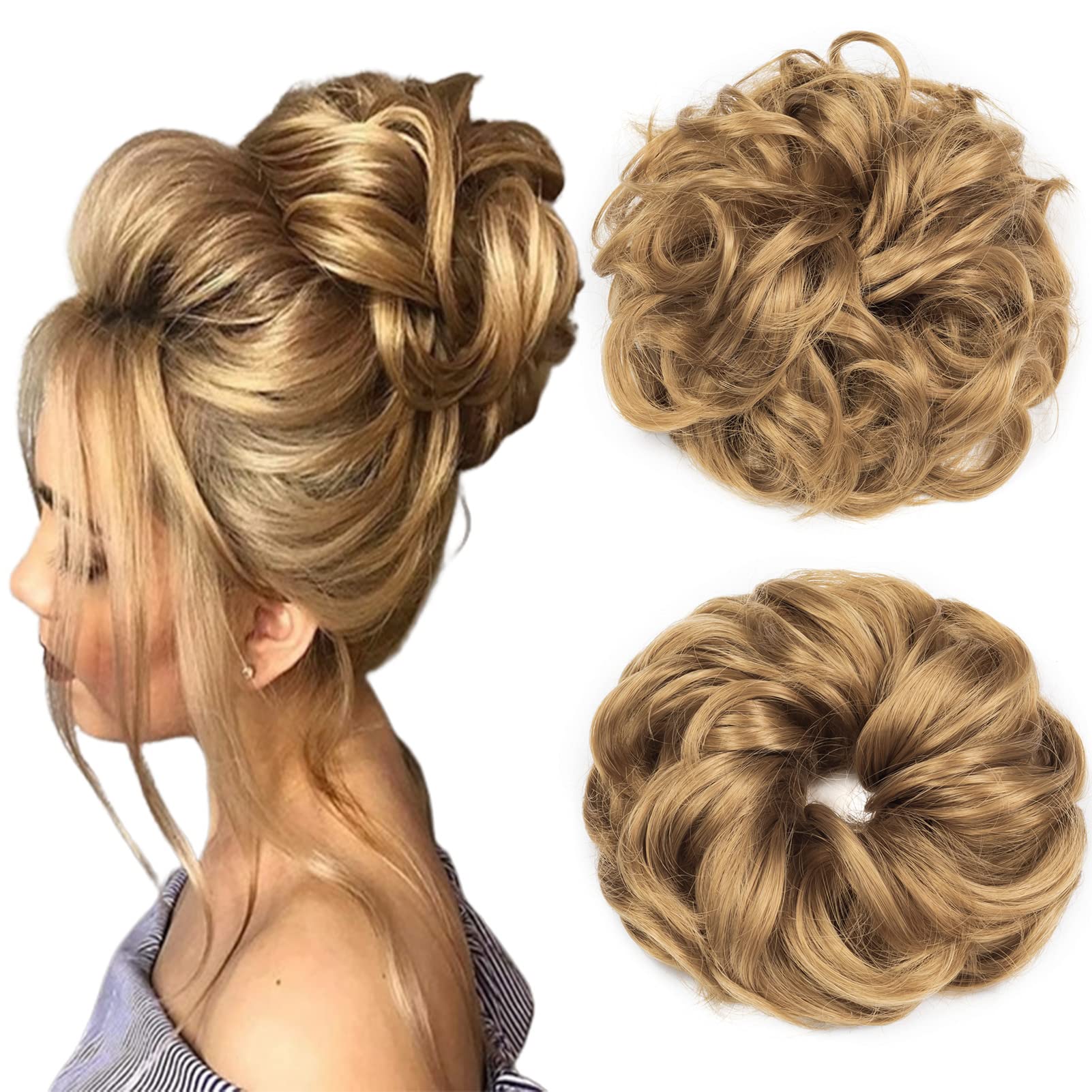 Cybelleza Messy Bun Hair Piece Wavy Curly Hair Scrunchies Thick Messy Hair Bun Updo Hairpiece Synthetic Ribbon Ponytail Extensions Donut Chignons Wavy Wig for Women Girls, 40g Dark Blonde