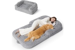 Bedsure Foldable Human Dog Bed -Giant Dog Bed for Adult People with Supportive Bolster Egg Foam, Waterproof Liner, Calming Fluffy Faux Fur Orthopedic Big Bean Bed, Light Grey