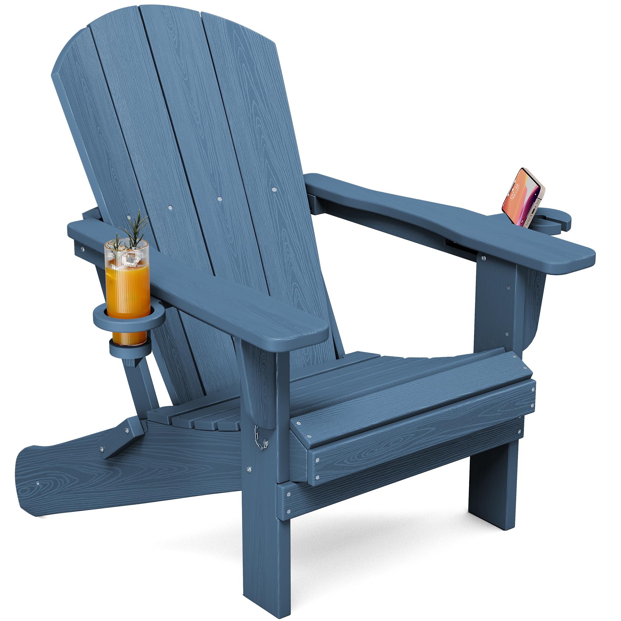 SERWALL Folding Adirondack Chair, Dual Cup Holders & All-Weather HDPE, Wood-Like Patio Chair for Backyard, Camping，Pool & Fire Pit- Navy Image