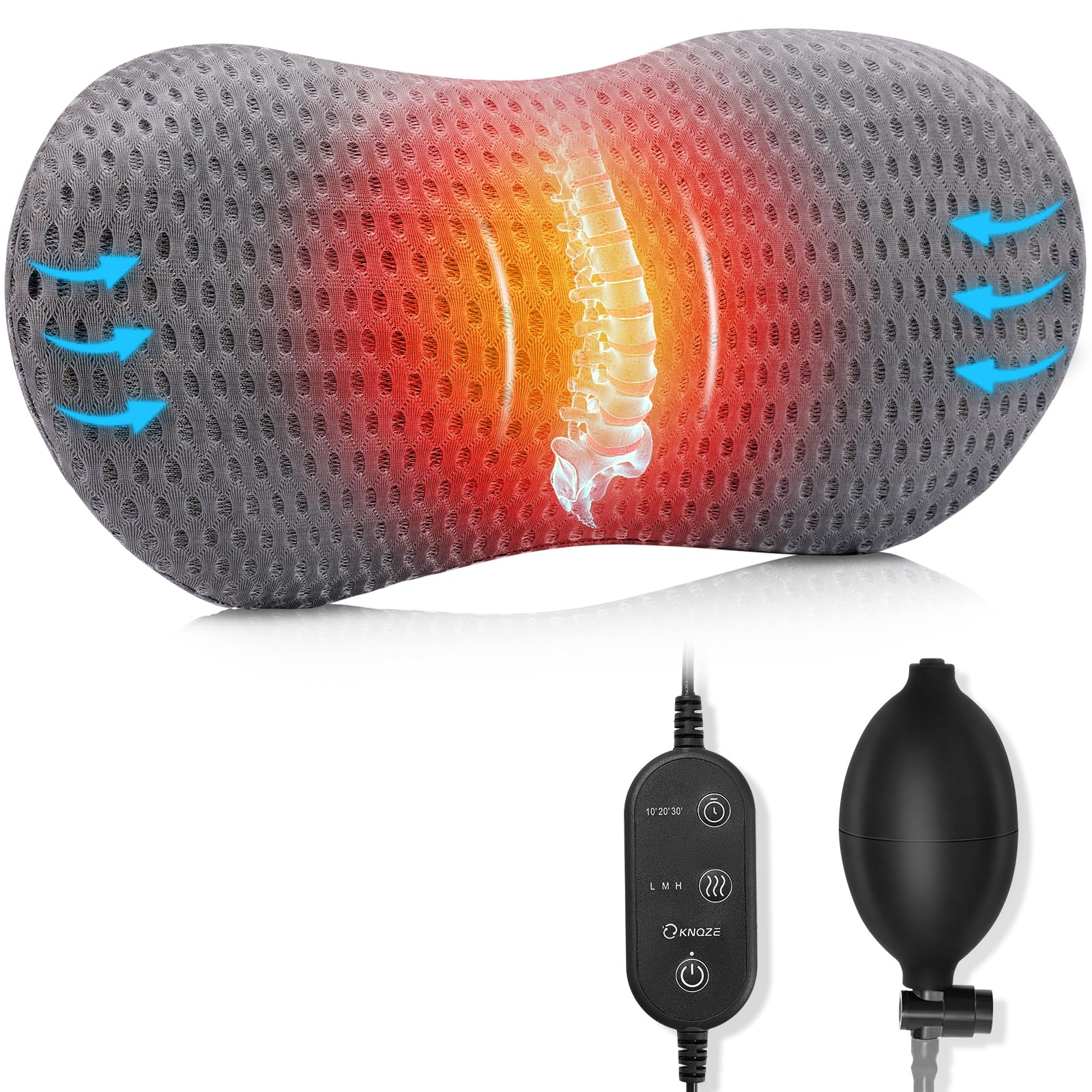 Photo 1 of KNQZE Lumbar Support Pillow Adjustable Traction Height with Heating for Lower Back Pain Relief, Memory Foam Back Pillow, Ideal for Office Chair, Recliner, Car Seat, Bed