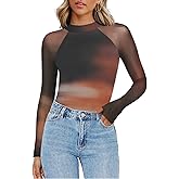Zeagoo Long Sleeve Shirts for Women Floral Mesh Sheer Top Mock Neck Double Lined Fitted Going Out Blouses