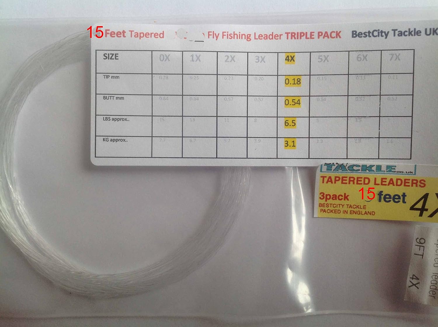 EXTRA LONG Fly Fishing LEADERS Tapered Pack of SIX Size 4X approx 6lb