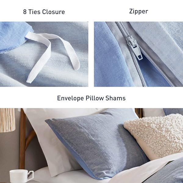 HYDE LANE LINEN DUVET COVER SET QUEEN SIZE, 3PCS TEXTURED FRENCH FLAX LINEN COTTON BLEND BEDDING SET, NATURAL AND ORGANIC, SOFT AND BREATHABLE, WITH 2 PILLOW SHAMS, 90″X90″, BLUE