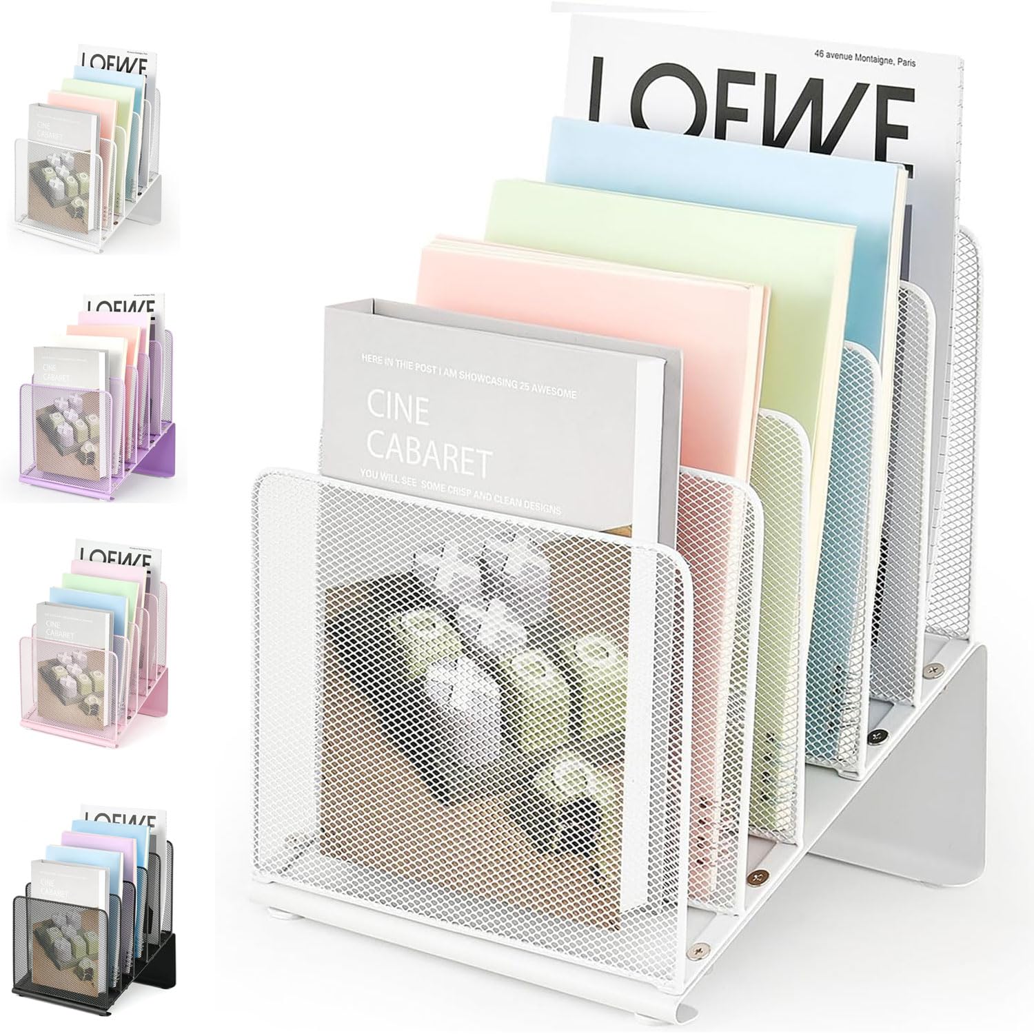 Photo 1 of LEKETREE File Organizer for Desk, Desk Organizer with 5-Section Vertical File Rack, File Folder Organizer, Desk Accessories & Workspace Organizers(White)