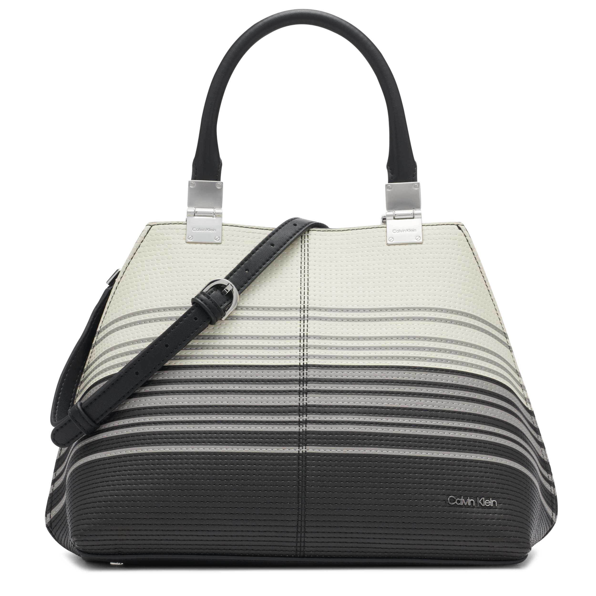 Calvin Klein Women’s Granite Geometric Satchel – 2 in 1, Vegan Leather, 2 Pockets, Black Multi Stripe, One Size
