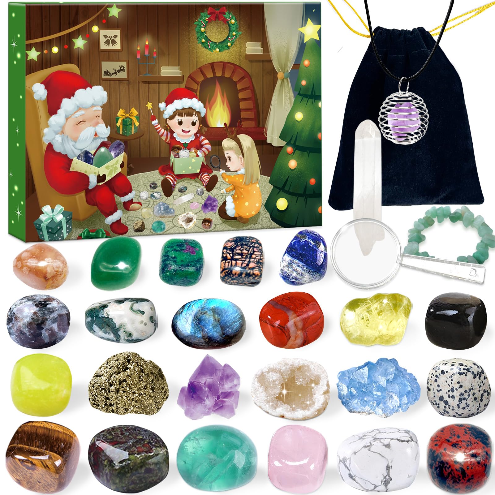 Advent Calendar 2025 Crystals for Kids with 24 Days Christmas Countdown, 24 Natural Crystal Agate Rocks Minerals Fossils Gemstones to Open Each Day, Xmas Gift for Girls Boys Geology Enthusiasts