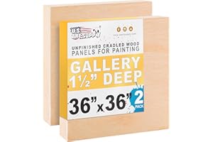 U.S. Art Supply 36" x 36" Unfinished Cradled Wood Panels for Painting, Gallery 1-1/2" Deep (2 Pack) - Artist Depth Wooden Wall Canvases - Mixed-Media Craft, Acrylic, Oil, Encaustic, Paint Pouring