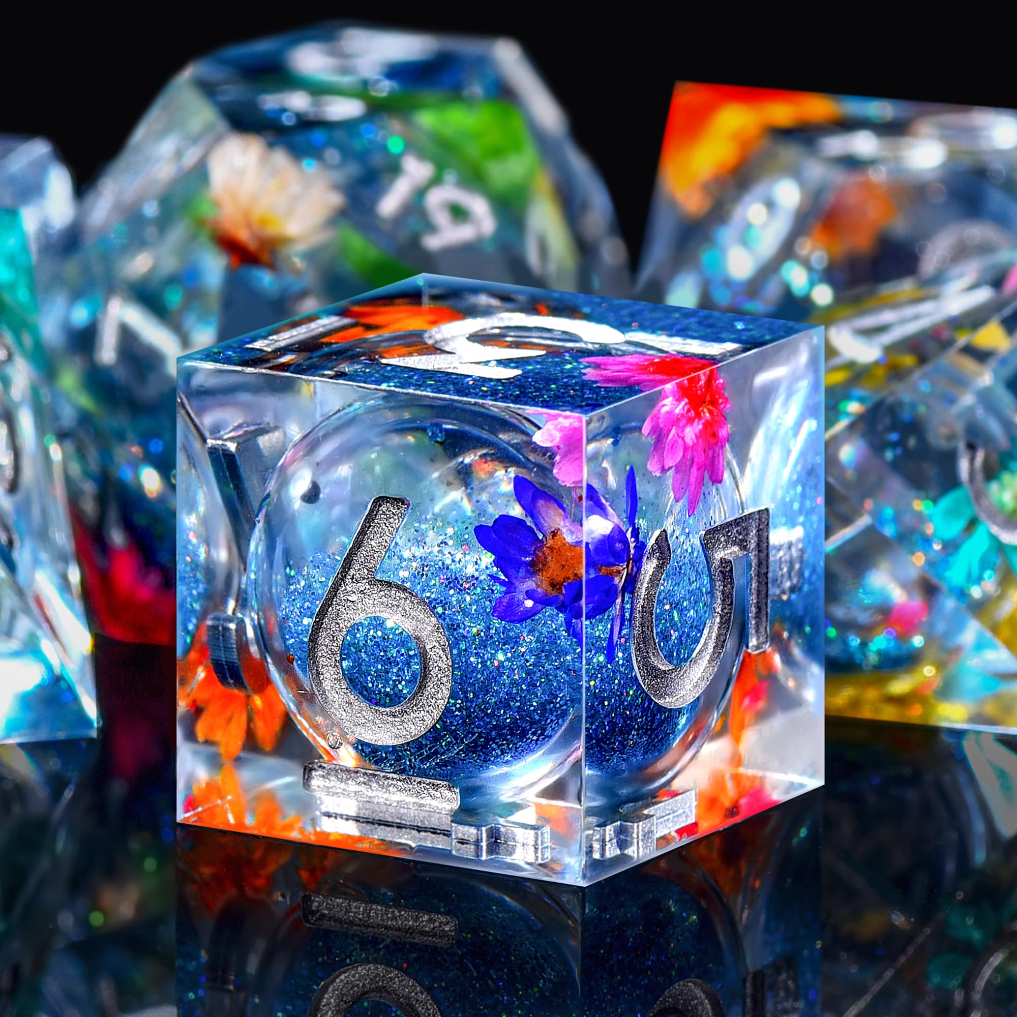 AUSTOR Liquid Core Resin DND Dice Sharp Edge Polyhedral Dice 7-Die DND Dice Set Quicksand Handmade Resin Dice for Dungeons and Dragons RPG MTG Table Games, Blue Sand & Flower