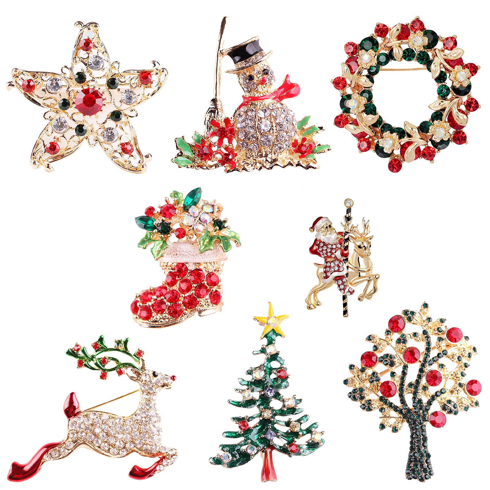 8 Pcs Christmas Brooch Pin Jewelry Breast Pin Snowman Christmas Tree Christmas Stocking Elk Santa Brooch Pins Xmas Jewellery Gift for Women