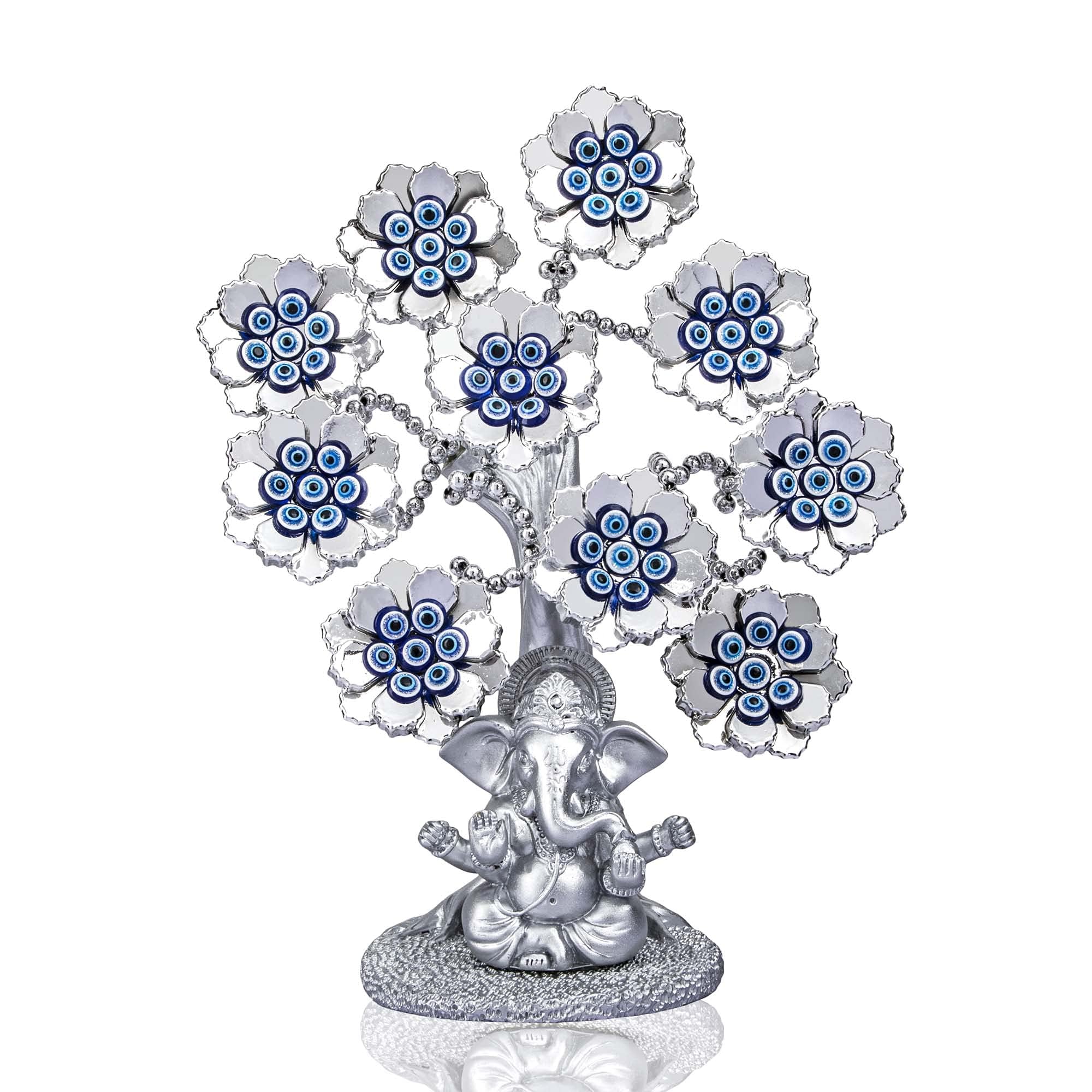 HDCRYSTALGIFTS Evil Eye Gifts Flowers Lucky Artificial Tree with Silver Ganesha Statue Hindu Elephant God Home Office Feng Shui Protection Ornament Sculpture Table Room Decor