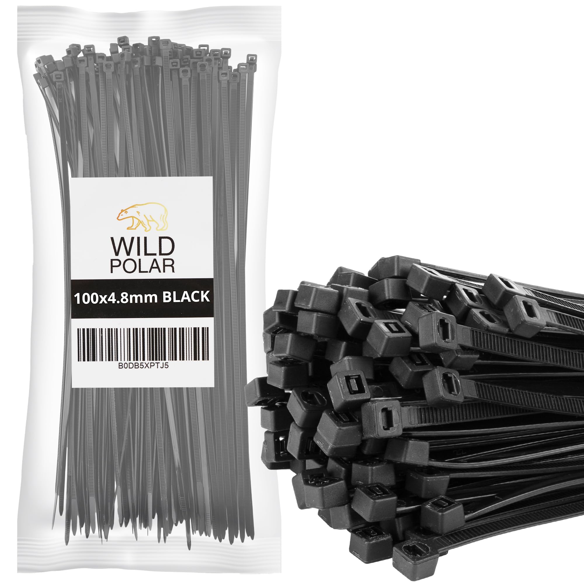 Wild Polar Premium Cable Ties - Clear/White & Black - Range of Sizes - 100 Pack Nylon Plastic Tie Wraps - Self Locking Small Zip Ties (Black, 370mm x 4.8mm 100 Pack)