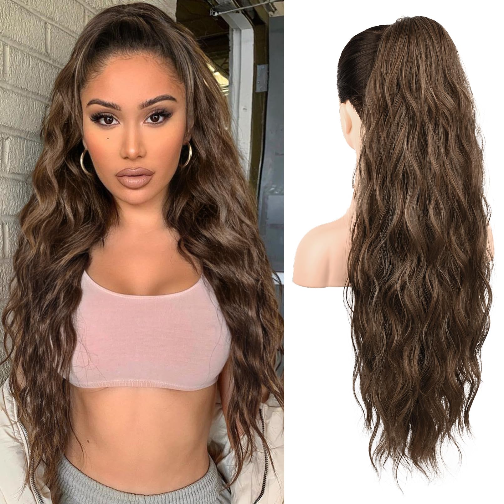 REECHO Ponytail Extension, 26" Long Beach Wave Drawstring Pony Hair Extension Synthetic Pony Tail Hairpiece for Women - Ginger Brown โ image 1