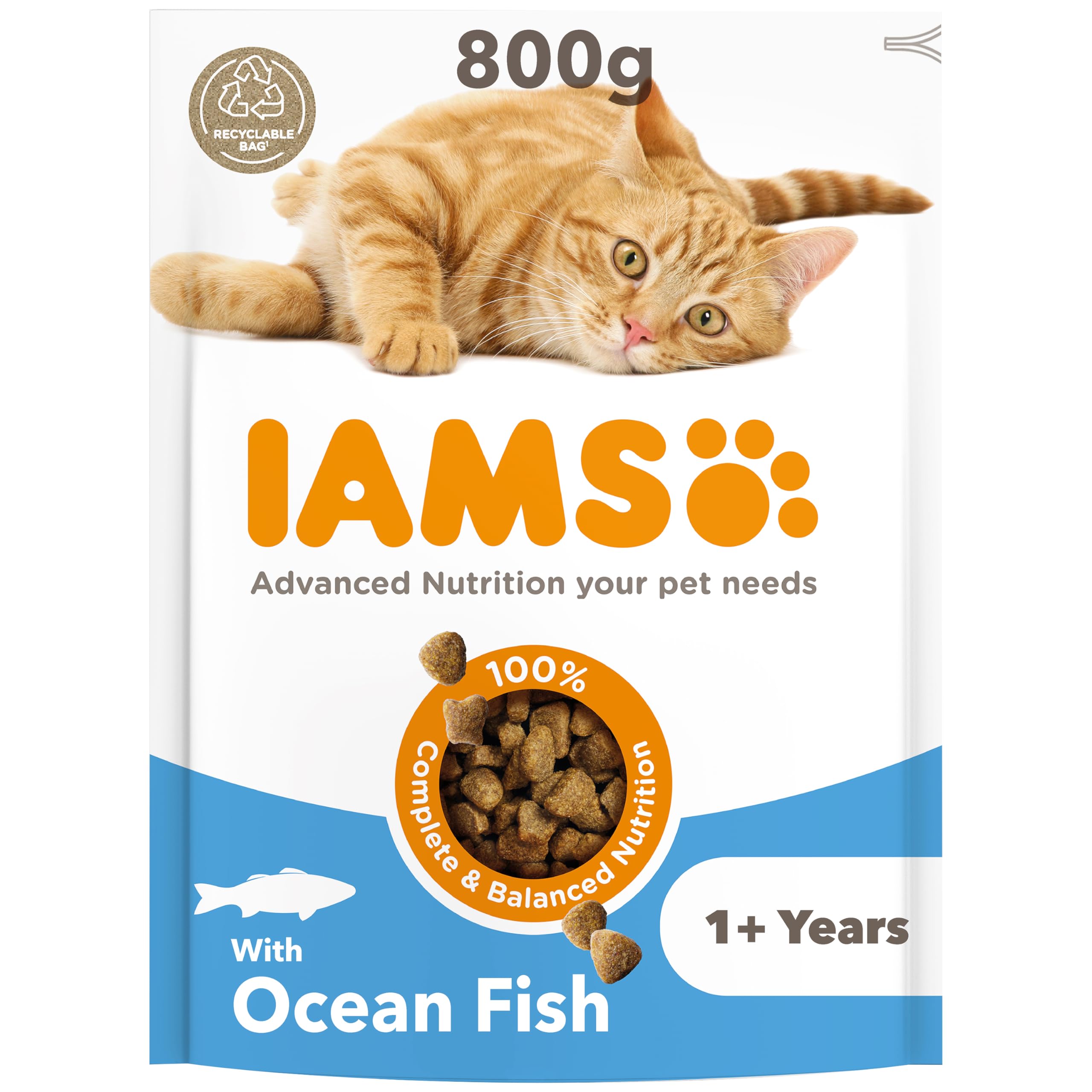 IAMS Adult Complete Dry Cat Food Ocean Fish 800g - Supports Strong Immune System