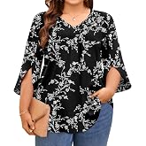 Aodemo Womens Plus Size Blouse Dressy Chiffon Tops Work Tunic Shirt | Casual Outfits,Business Office Clothes,Loose Dressy Top,3/4 Sleeve,V-Neck