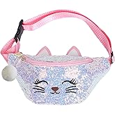 BIBDOO Kids Fanny Pack for Girls Shiny Waist Bag Cat Gift with Pom Pom
