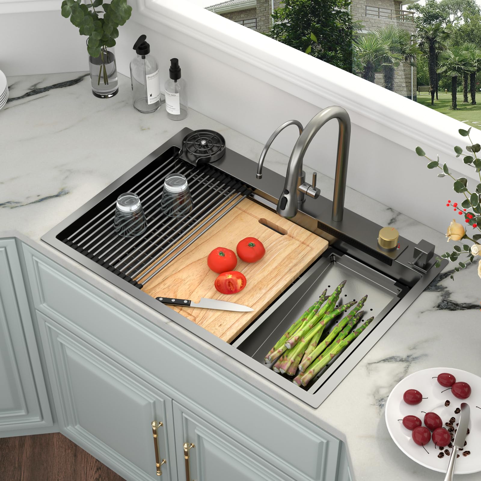 Photo 1 of Kichae 33 Black Kitchen Sink Drop In Waterfall - 33x22 Drop Sink Stainless Steel 16G Single Bowl Waterfall Kitchen Sink Workstation Handmade with Faucet & Glass Rinser